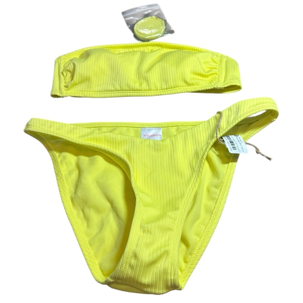 Xhilaration Ribbed Yellow Bikini Set XS Bandeau Top & Bottoms size small Target